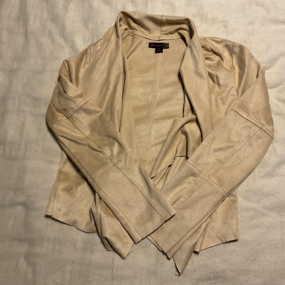 JW Style Jacket Womens‎ Medium Tan Faux Suede Open Front Draped Cardigan
